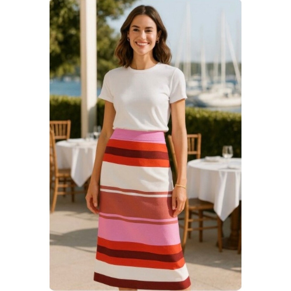 Ann Taylor‎ Size 4 PETITE Linen Blend Midi Pencil Skirt Stripes Side Zip Summer